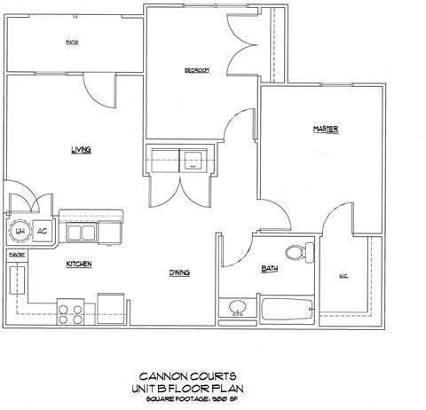 Floor plan for 2 beds, 1 bath, 900 sqft